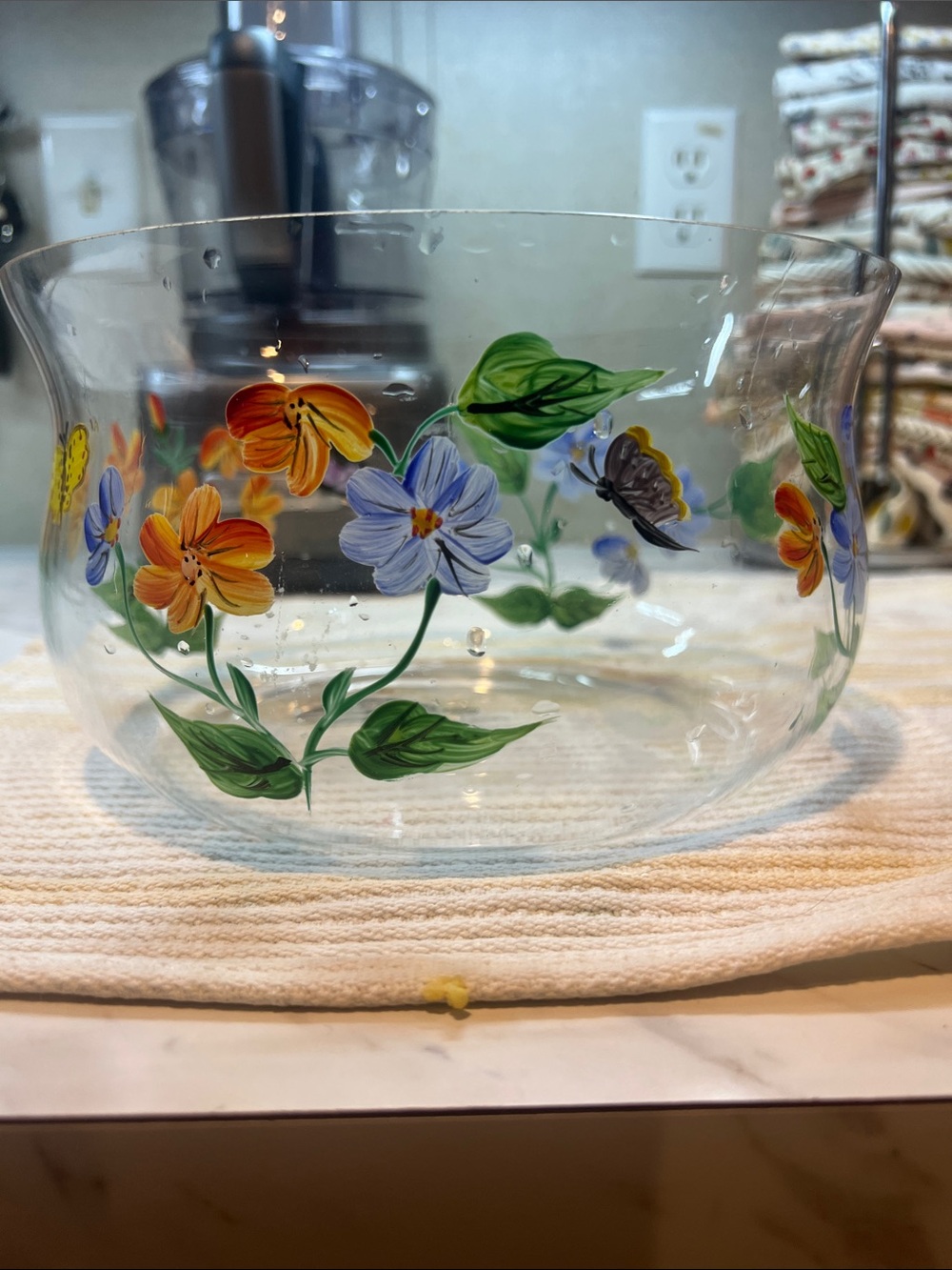 Hand-Painted Floral Glass Bowl - Multicolor 8 1/2
